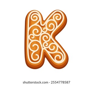 Christmas gingerbread cookie in the shape of letter K, decorated with icing. Isolated cartoon vector festive holiday pastry with glaze ornament. Xmas font, typeface, new year type, English alphabet