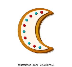 Galleta de pan de jengibre de Navidad en forma de luna. Galletas dulces caseras de invierno aisladas de fondo blanco. Ilustración del vector de dibujos animados