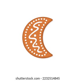 Christmas gingerbread cookie in shape of moon crescent. Winter homemade sweets. Flat vector illustration isolated on white background. Useful for holidays greeting card, invitation and other design 