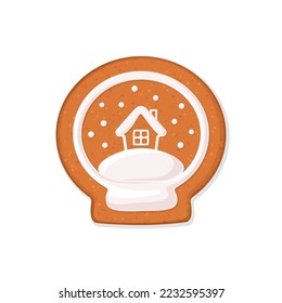 Christmas gingerbread cookie in shape of snow globe. Winter homemade sweets. Flat vector illustration isolated on white background. Useful for holidays greeting card, invitation and other design 