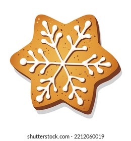 Christmas gingerbread cookie in shape of star with snowflake isolated on white background. Holiday vector illustration. Eps 10