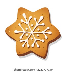 Christmas gingerbread cookie in shape of star with snowflake isolated on white background. Sweet holiday vector illustration for your design. Eps 10