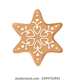 Christmas gingerbread cookie in the shape of a star with icing isolated on white background. Festive homemade sweet desert. Vector illustration