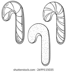 Navidades galleta de jengibre en forma de bastón de caramelo. Para tarjeta, diseño de horneado de vacaciones, página para colorear, embalaje. Ilustración vectorial en estilo de boceto dibujado a mano. Arte de línea aislado en blanco