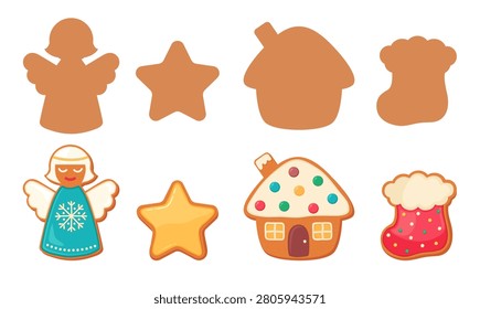 Christmas gingerbread cookie shapes set. Cute xmas holiday sugar cookies - Christmas star, gingerbread house, angel, gift red boot isolated on white background.