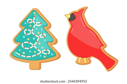 Christmas gingerbread cookie shapes. Xmas shortbread sugar cookies with frosting. Gingerbread christmas tree and cardinal bird. Cute cartoon vector illustration homemade bakery.