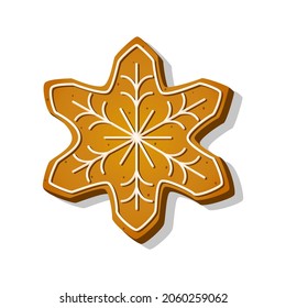 Christmas gingerbread cookie in snowflake shape with icing in cartoon style. Winter sweet biscuit isolated on white background. Homemade festive dessert. Vector illustration