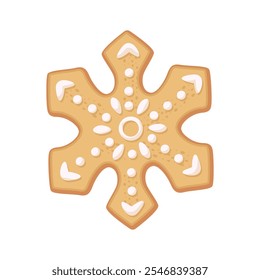 Christmas gingerbread cookie snowflake shape decorated with icing. Illustration of a holiday treat on a white background.