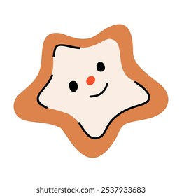 Christmas gingerbread cookie, star with glaze for decoration, symbol of winter holiday. Homemade biscuit for Xmas and New Year table. Vector illustration, isolated on white background.