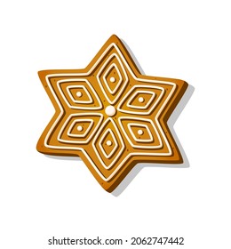 Christmas gingerbread cookie in star shape with sugar icing in cartoon style. Winter sweet biscuit isolated on white background. Homemade dessert pastry. Vector illustration