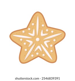 Christmas gingerbread cookie star shape decorated with icing. Illustration of a holiday treat on a white background.