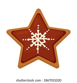 Christmas gingerbread cookie star with sugar snowflake. Vector illustration isolated on white background.