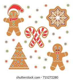 Christmas Gingerbread cookie sticker set. Traditional colorful cookies with Snow flake, Christmas Tree, candy cane isolated on white. Holiday graphic design elements for scrapbooking, stickers, badges