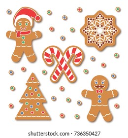 Christmas Gingerbread cookie sticker set. Traditional colorful cookies with Snow flake, Christmas Tree, candy cane isolated on white. Holiday graphic design elements for scrapbooking, stickers, badges