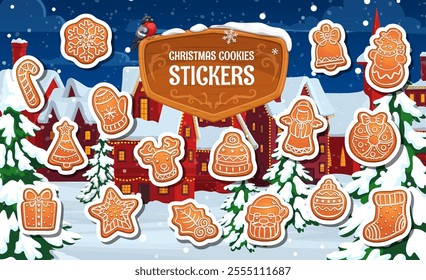 Christmas gingerbread cookie stickers pack arranged in festive winter village scene with snow covered trees and houses capturing the holiday spirit. Cartoon vector charming seasonal pastry patches set