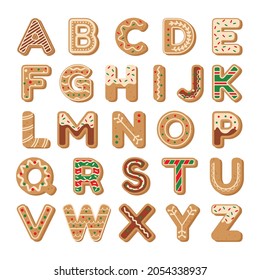 Christmas gingerbread cookie style alphabet font. Flat vector cartoon design