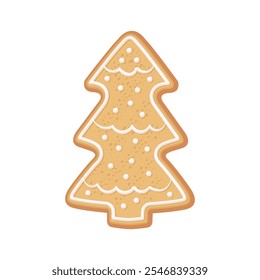 Christmas gingerbread cookie Christmas tree shape decorated with icing. Illustration of a holiday treat on a white background.