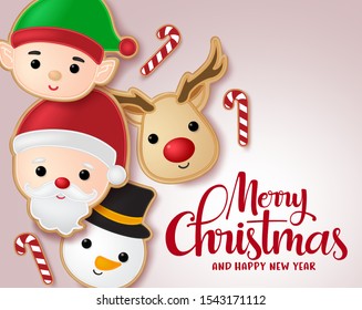 Christmas gingerbread cookie vector banner template. Merry christmas typography greeting with gingerbread cookie elements of santa claus, reindeer, elf and snowman character in red background.