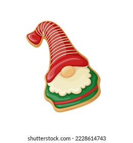 Christmas gingerbread cookie vector illustration. Cartoon isolated Xmas cookie in shape of gnome with beard and red hat, ginger sweet shortbread and gift for kids in Christmas stocking