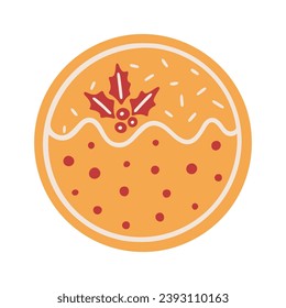 Christmas gingerbread cookie, vector Illustration. Round-shaped pastry with the ornament of icing. Homemade sweet holiday ginger baking, isolated on white.