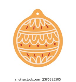 Christmas gingerbread cookie, vector Illustration. Ball-shaped pastry with the ornament of icing. Homemade sweet holiday ginger baking, isolated on white.