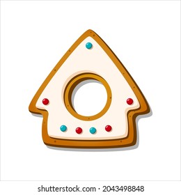 Christmas gingerbread cookie. Winter glazed biscuit in shape of gingerbread house isolated on white background. Cartoon Vector illustration