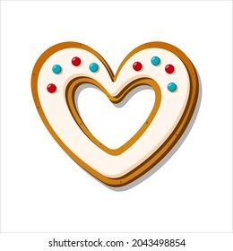 Christmas gingerbread cookie. Winter glazed sweet in shape of heart isolated on white background. Cartoon Vector illustration