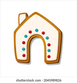 Christmas gingerbread cookie. Winter glazed sweet in shape of gingerbread house isolated on white background. Cartoon Vector illustration