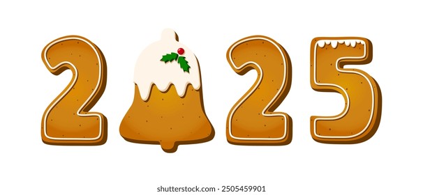 Christmas gingerbread cookies 2025 in cartoon style. Sweet biscuit in new year message isolated on white background. Cute Vector illustration