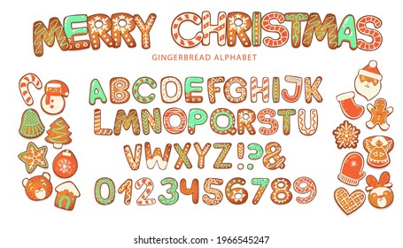 Christmas gingerbread cookies alphabet. Biscuit letters and characters for xmas messages and design. Vector illustration with sugar decorations.