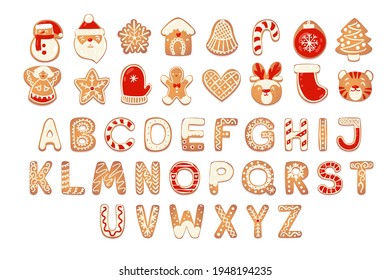 Christmas gingerbread cookies alphabet with figures. Biscuit letters and characters for xmas messages and design. Vector illustration with sugar decorations. 