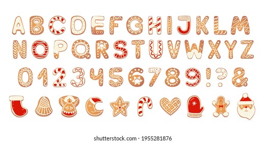 Christmas gingerbread cookies alphabet with figures. Biscuit letters, characters for xmas messages and design. Vector illustration with decorations.