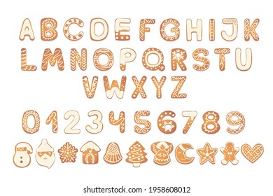 Christmas gingerbread cookies alphabet with figures. Biscuit letters, characters for xmas messages and design. Vector illustration with decorations.