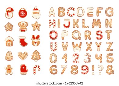 Christmas gingerbread cookies alphabet with figures. Biscuit letters, characters for xmas messages and design. Vector illustration with decorations.