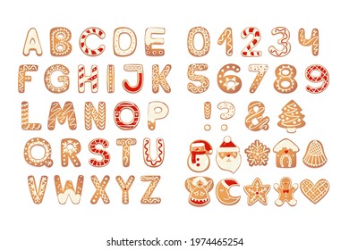 Christmas gingerbread cookies alphabet with figures. Biscuit letters, characters for xmas messages and design. Vector illustration with decorations.