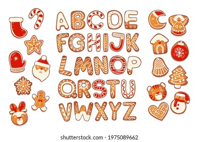 Christmas gingerbread cookies alphabet with figures. Biscuit letters, characters for xmas messages and design. Vector illustration with decorations.