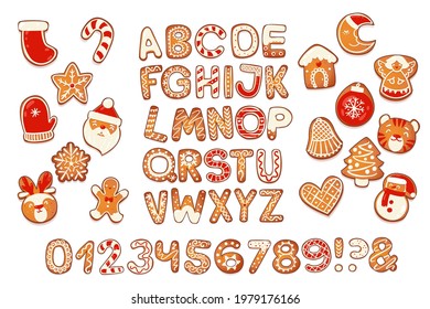 Christmas gingerbread cookies alphabet with figures. Biscuit letters, characters for xmas messages and design. Vector illustration with decorations.