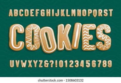 Christmas Gingerbread Cookies alphabet font. Cartoon letters and numbers with icing sugar covering. Holiday vector illustration for your design.