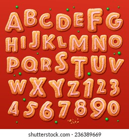 Christmas gingerbread cookies alphabet and numbers, vector illustration. 