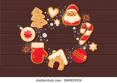 Las galletas de jengibre navideñas de fondo en forma redonda, para ser utilizadas como afiche o fondo. Decorado con nieve, copos de nieve y perlas. Ilustración del vector