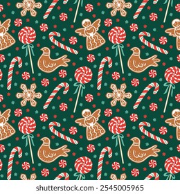 Christmas gingerbread cookies and candies seamless pattern. Holiday traditional desserts background. Flat vector illustration