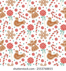 Christmas gingerbread cookies and candies seamless pattern. Holiday traditional desserts on white background. Flat vector illustration