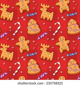 Christmas gingerbread cookies and candy on the red checkered background, Vector seamless pattern.