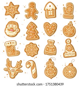 Christmas gingerbread cookies. Cartoon style. New year's baking figures set. Vector illustration