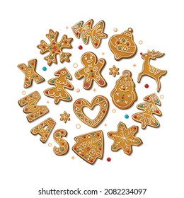 Christmas gingerbread cookies in cartoon style isolated on white background. Sweet sugar biscuits in circle composition. Festive shaped crackers. Vector illustration