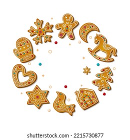 Christmas gingerbread cookies in cartoon style isolated on white background. Sweet sugar biscuits in circle composition. Festive baked xmas crackers. Cute Vector illustration