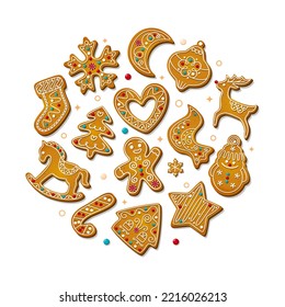 Christmas gingerbread cookies in cartoon style isolated on white background. Sweet sugar biscuits in circle composition. Festive baked xmas ornate and icing crackers. Cute Vector illustration