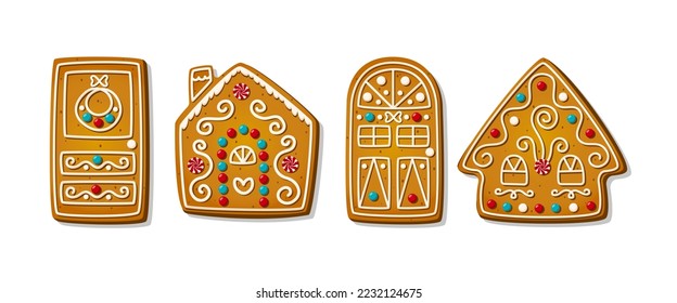 Christmas gingerbread cookies in cartoon style isolated on white background. Sweet sugar biscuits in shape of festive doors with wreath. Traditional baked cakes and crackers. Vector illustration