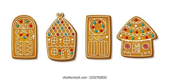 Galletas de jengibre de Navidad al estilo de las caricaturas aisladas de fondo blanco. Dulces galletas en forma de puertas festivas con corona y casa. Pasteles y galletas tradicionales. Ilustración del vector