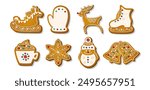 Christmas Gingerbread cookies for celebrating xmas. Winter homemade sweets in festive shapes isolated on white background. Cute flat cartoon Vector illustration